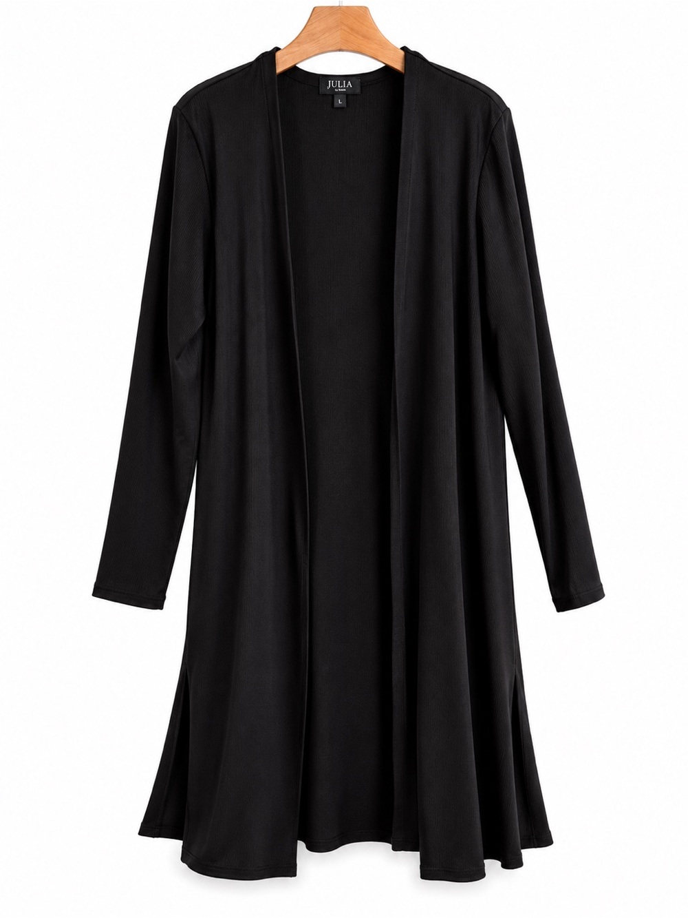 Julia Women’s Black Long Open Front Cardigan Duster Size L Ribbed Stretch